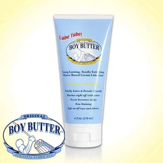 Light blue plastic tube of boy butter h2o personal lubricant with white cap and label showing brand logo and muscular arm design