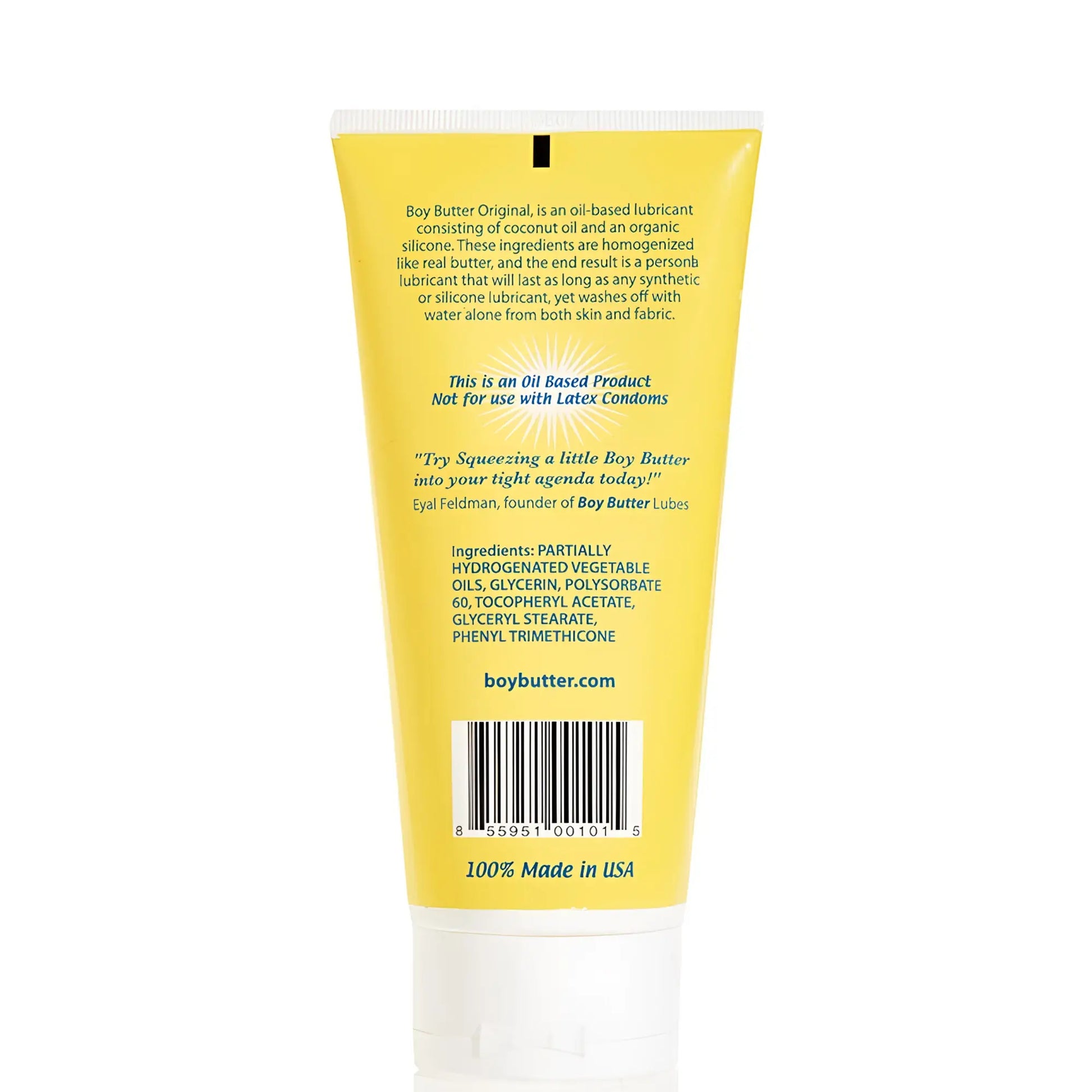 Bright yellow tube of Boy Butter original oil-based lubricant with white cap and black barcode for personal use