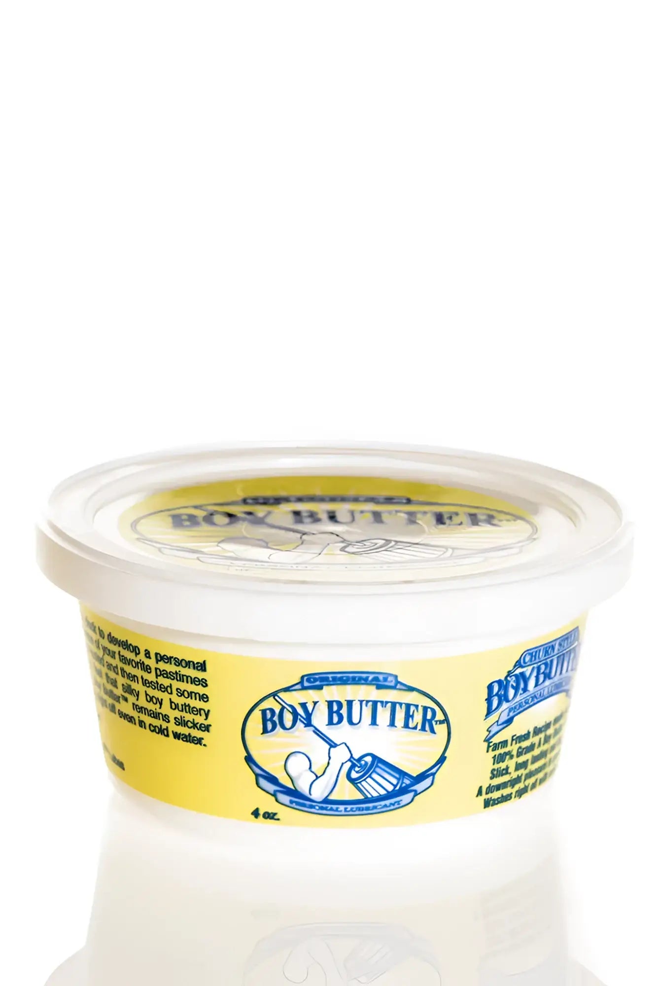 Yellow-labeled plastic container of boy butter original formula personal lubricant with clear lid and blue branding