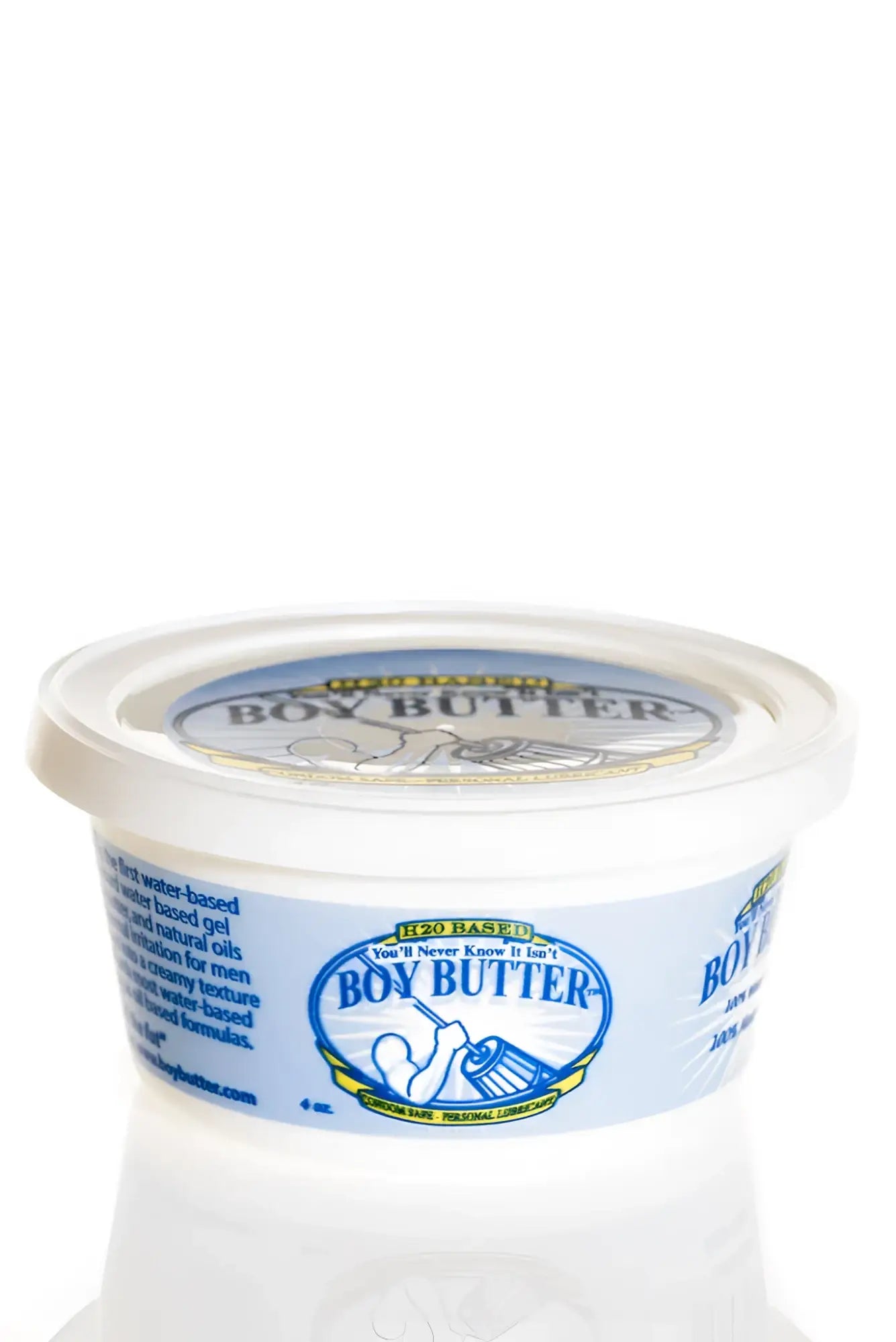 A white plastic container of Boy Butter water based gel with blue and yellow branding for smooth lubrication