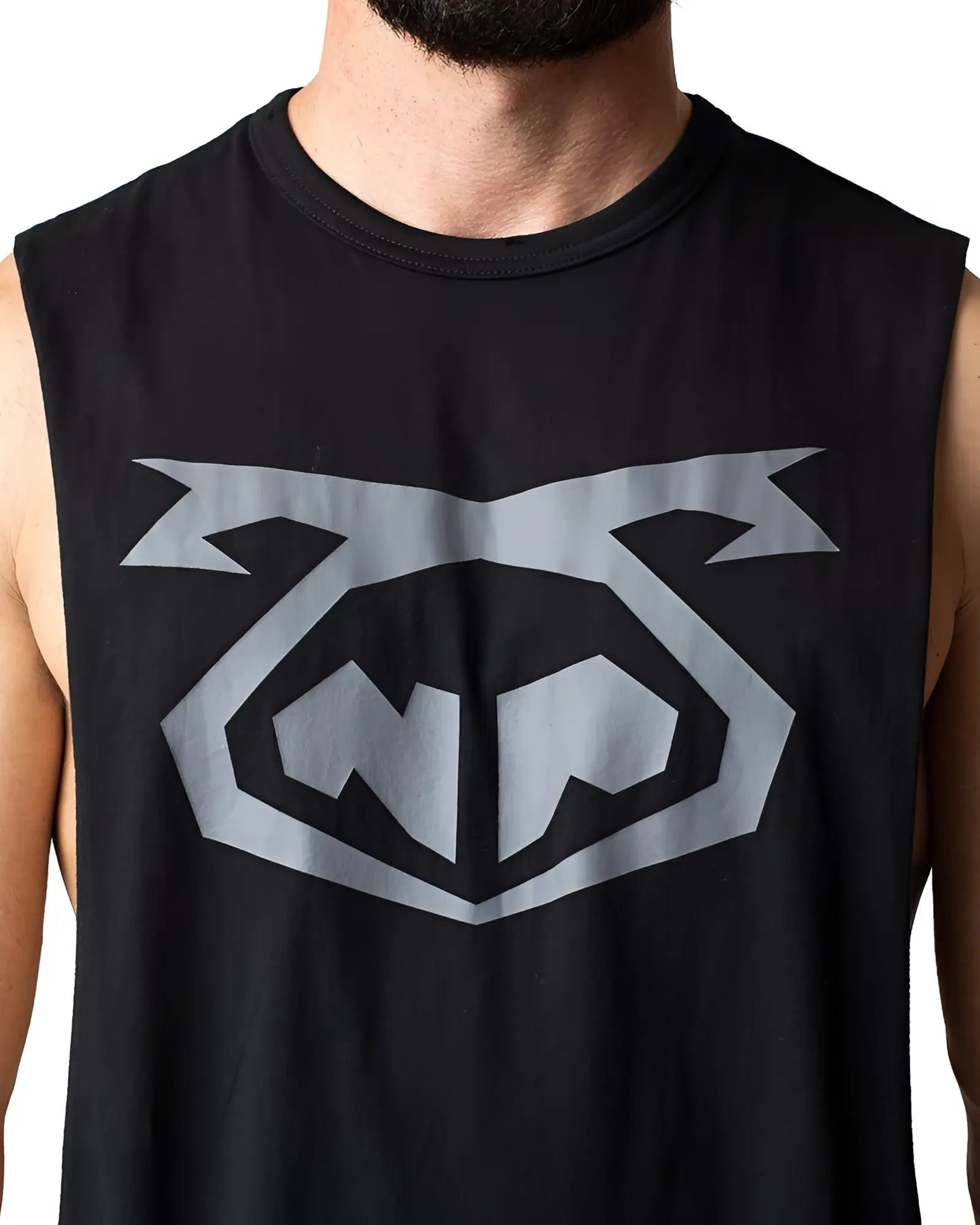 Black sleeveless muscle tank top with bold gray geometric logo featuring angular design elements brandmark shredder