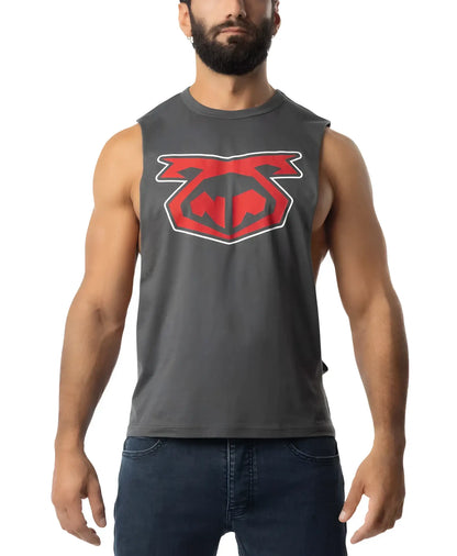 Dark gray sleeveless muscle tank top with bold red and white graphic logo on chest for BRANDMARK Shredder Tank Top 3.0