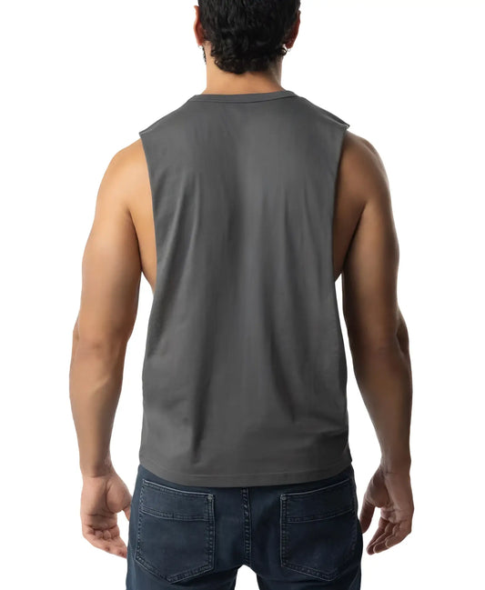 Brandmark shredder tank top 3.0 is a dark gray sleeveless muscle tank with a crew neckline and relaxed fit