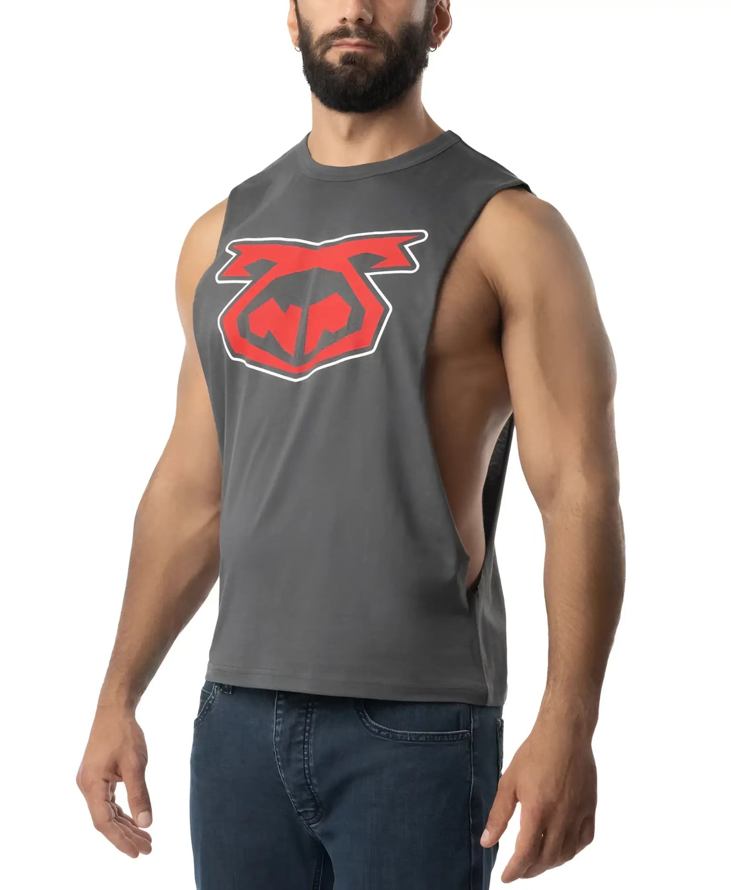 Gray muscle tank top featuring a bold red and black brandmark shredder 3.0 graphic logo on the chest