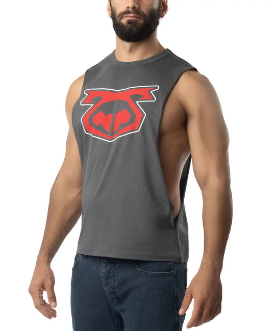 Gray muscle tank top featuring a bold red and black brandmark shredder 3.0 graphic logo on the chest