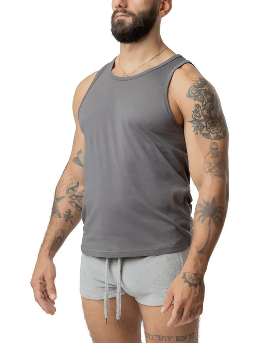 Brandmark tank gray sleeveless tank top with simple round neckline and relaxed fit ideal for casual wear
