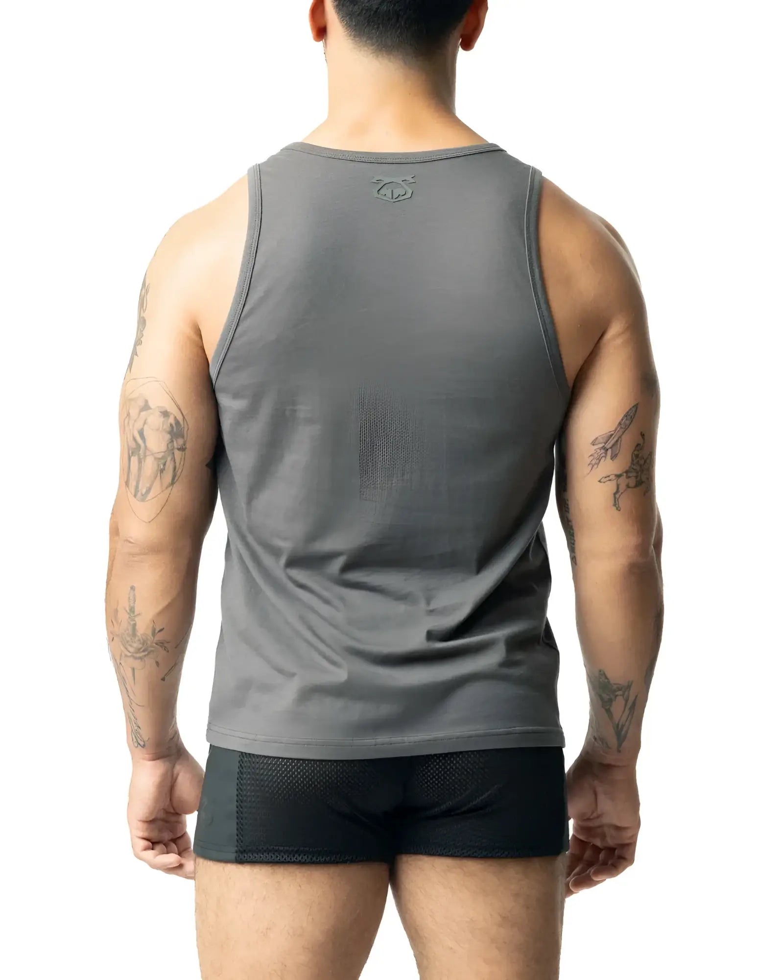 Gray sleeveless tank top with a subtle logo at the neckline from BRANDMARK tank collection