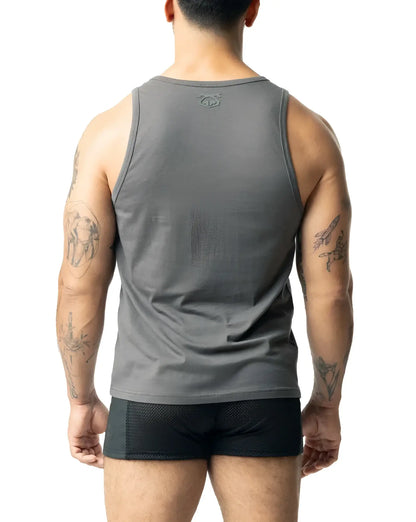 Gray sleeveless tank top with a subtle logo at the neckline from BRANDMARK tank collection