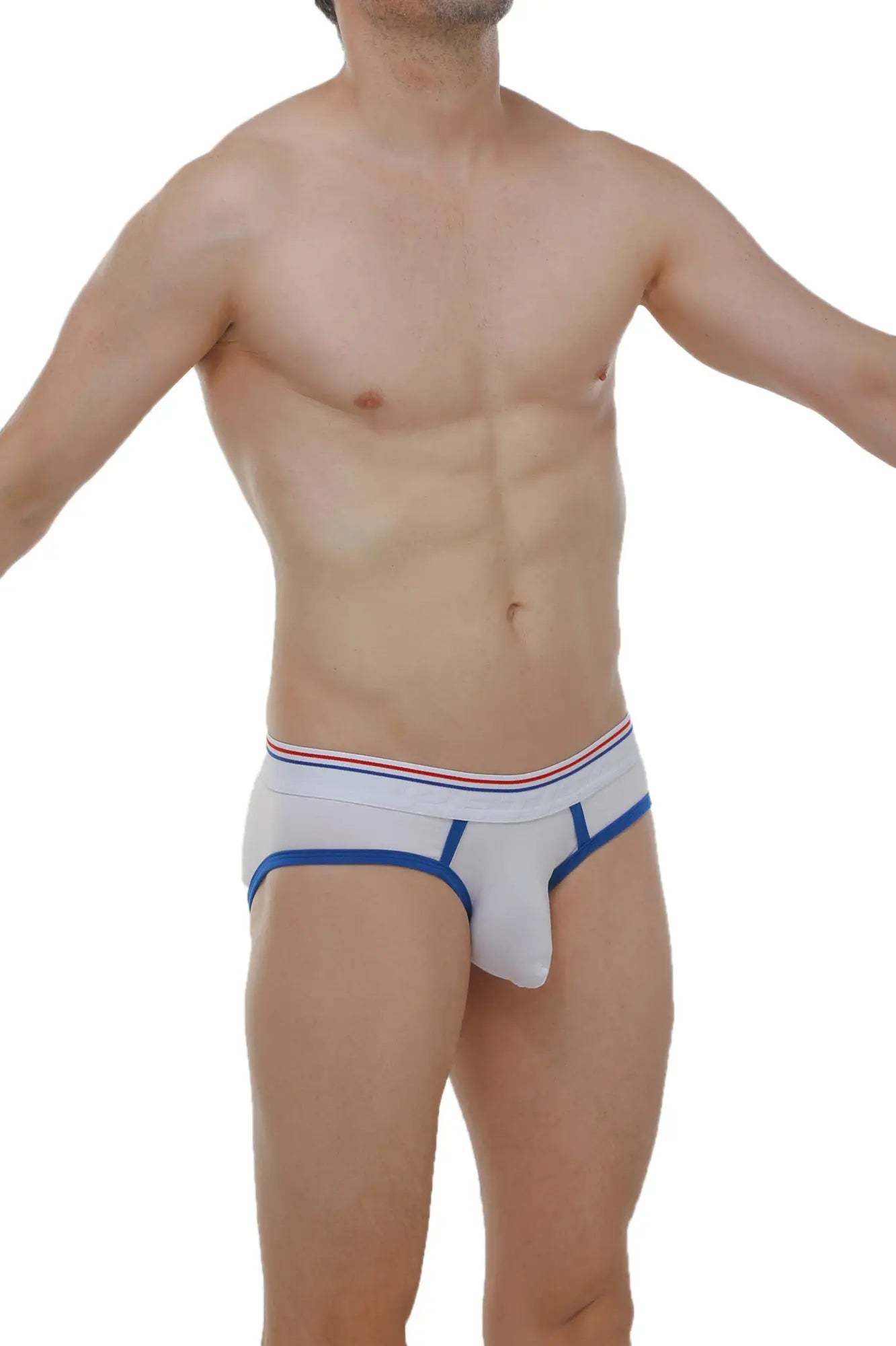 White briefs with blue trim and red white and blue striped waistband in brief andrew white product image