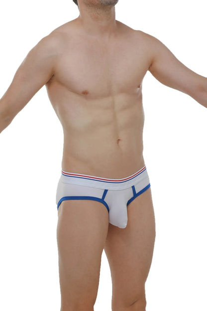 White briefs with blue trim and red white and blue striped waistband in brief andrew white product image
