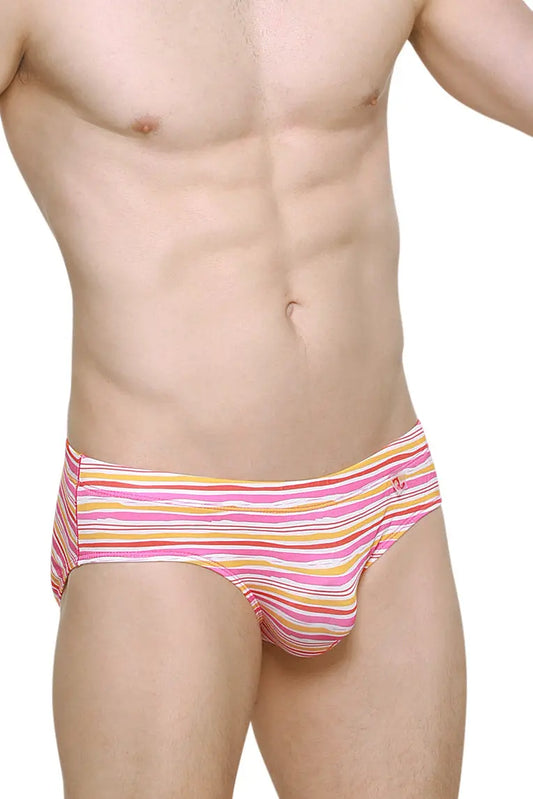 Men's brief in pink and yellow stripes made by PetitQ featuring a snug fit and soft fabric