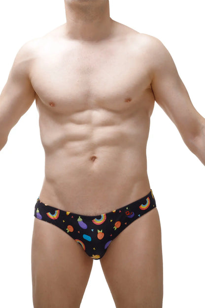 Black men’s briefs brief ansan sitges with playful colorful rainbows pineapples and whimsical fruit pattern