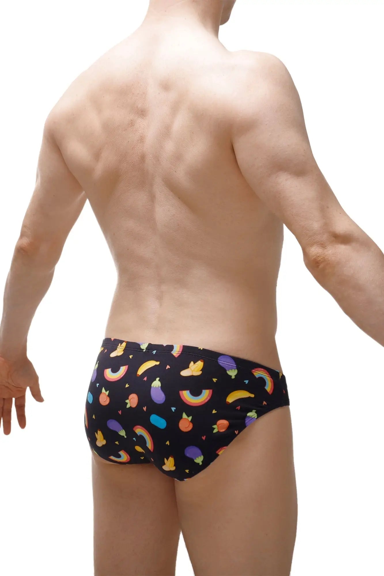 Brief ansan sitges black swim trunks with colorful rainbow fruit and vegetable pattern for casual beachwear