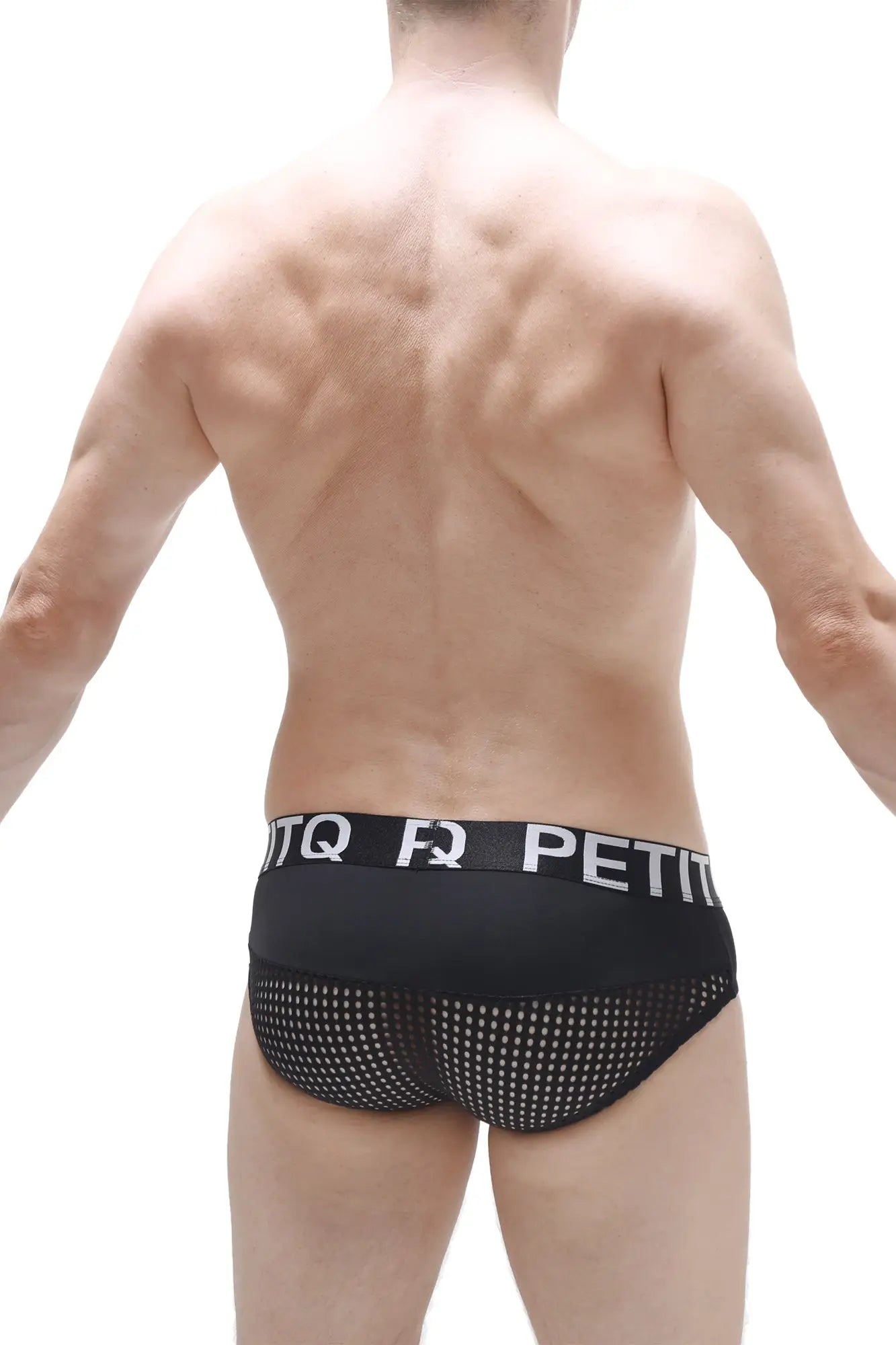 Black mesh briefs asserac black with solid waistband and white lettering front view