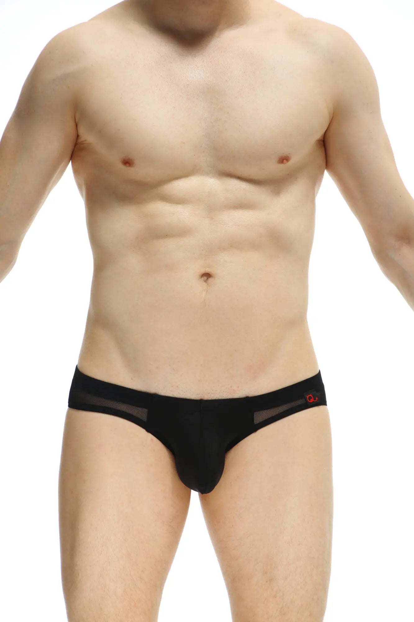 Black men’s briefs aubiac black with sheer mesh panels and a small red logo on the waistband