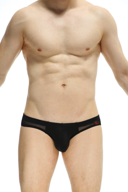 Black men’s briefs aubiac black with sheer mesh panels and a small red logo on the waistband