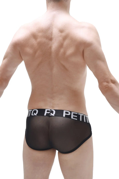 Brief aurol net black sheer mesh briefs with black elastic waistband and white petitq branding