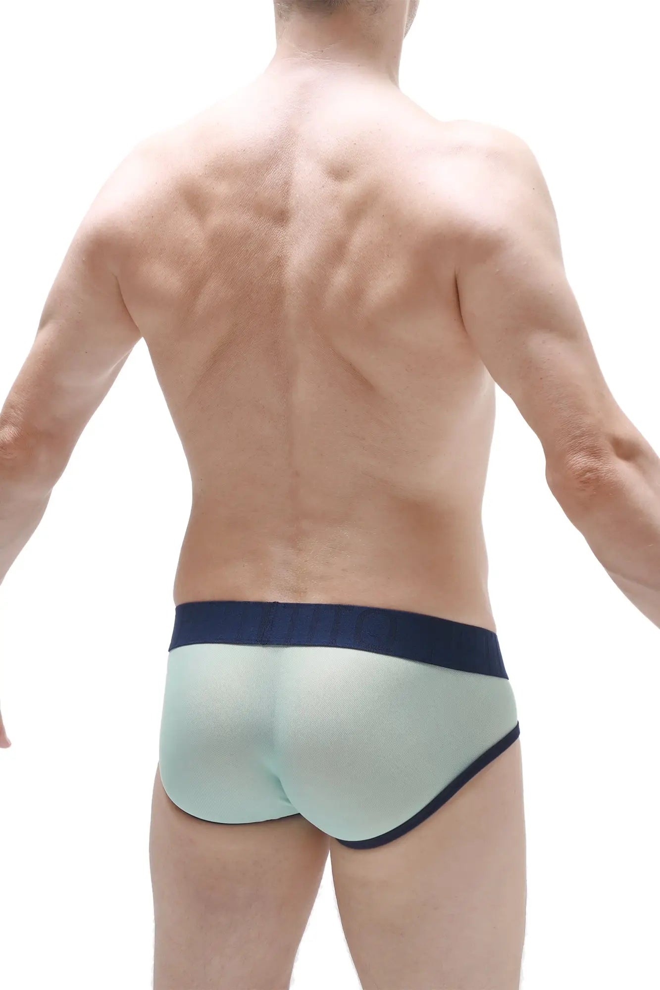 Light green translucent briefs with navy blue trim made of breathable net fabric for comfortable everyday wear