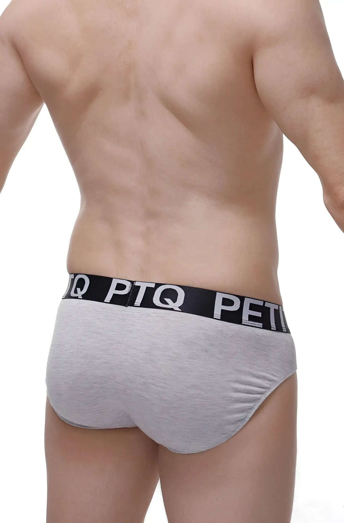 Gray heathered bamboo briefs with black ptq logo waistband and built-in pad for comfort and support