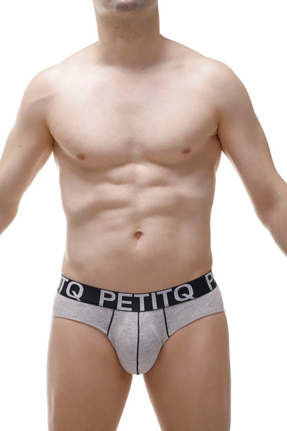 Gray petitq briefs with bamboo fabric and black elastic waistband featuring brand name in white lettering