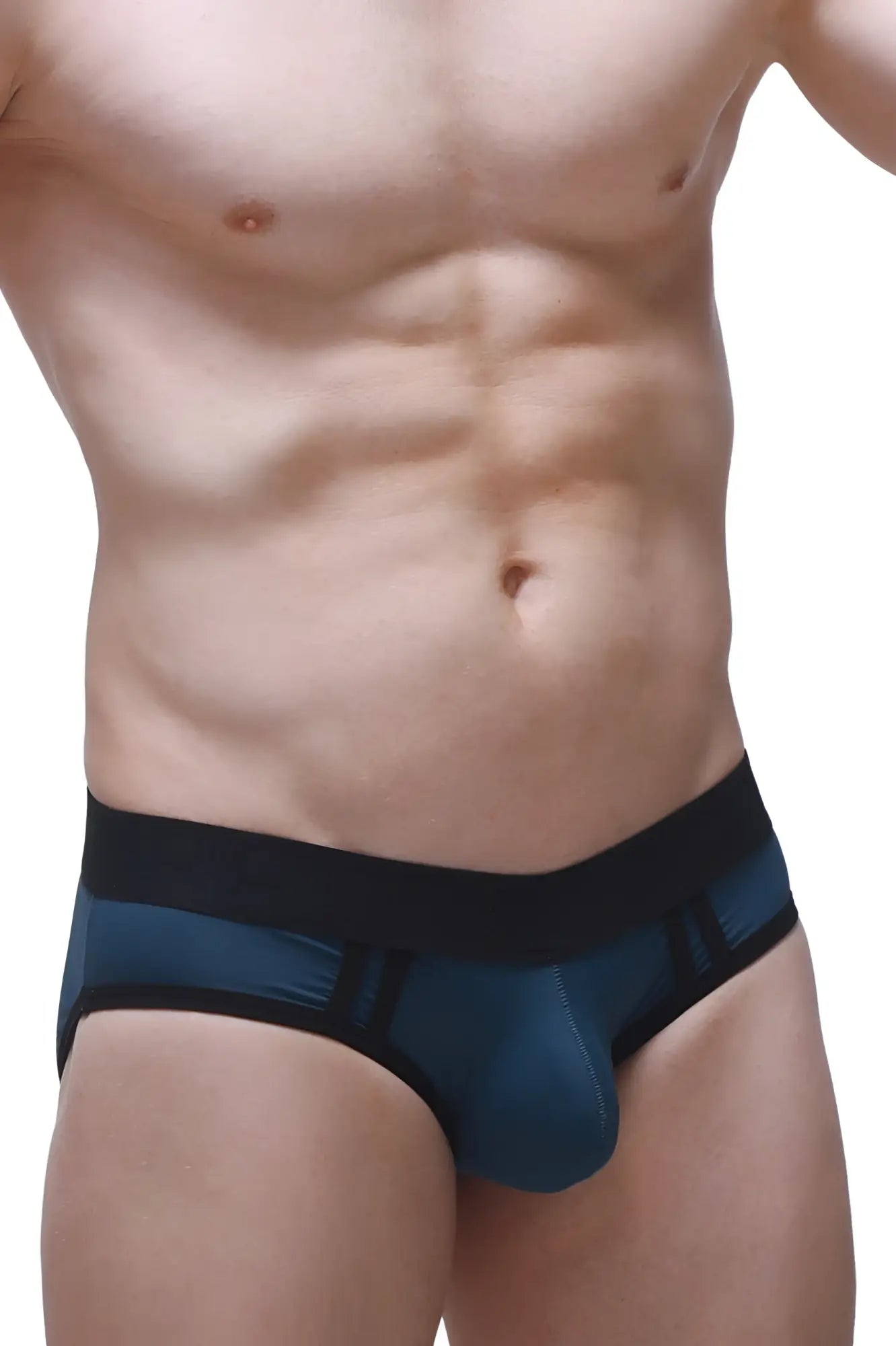 Dark blue and black athletic briefs with contoured design in prussian blue for active wear