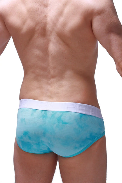 Brief Bessay Marbre Green turquoise tie-dye men’s briefs with white pel embossed elastic waistband front view
