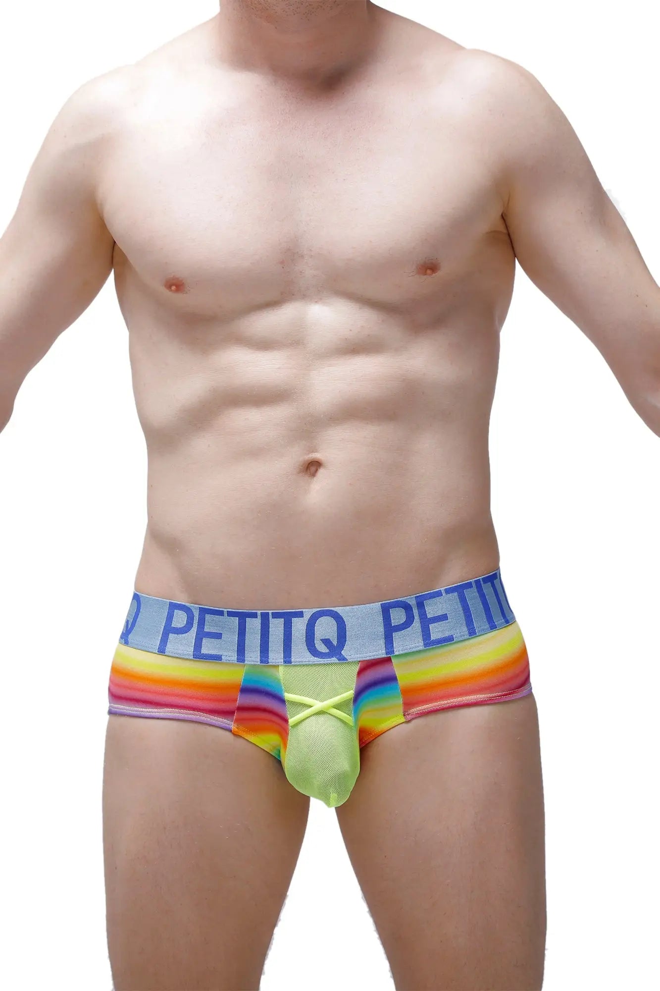 Brief biran andiol rainbow-striped neon green and blue men’s briefs with lace-up front for stylish comfort