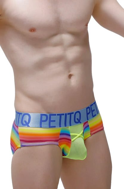 Brief biran andiol rainbow-striped petitq men’s briefs with neon green mesh pouch and blue waistband front view