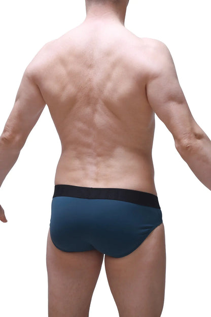 Dark teal briefs with black elastic waistband from brief bozas blue made of soft breathable fabric
