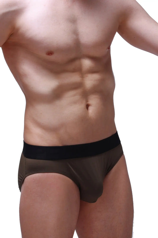 Brief bozas olive dark olive green mesh briefs with black elastic waistband showing front view