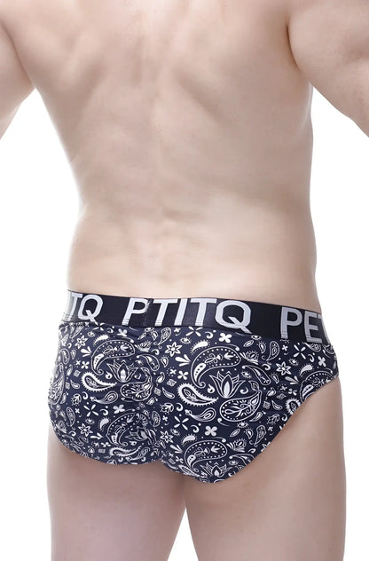 Black and white paisley patterned men’s Brief Bulan Bandana with branded elastic waistband for comfortable wear