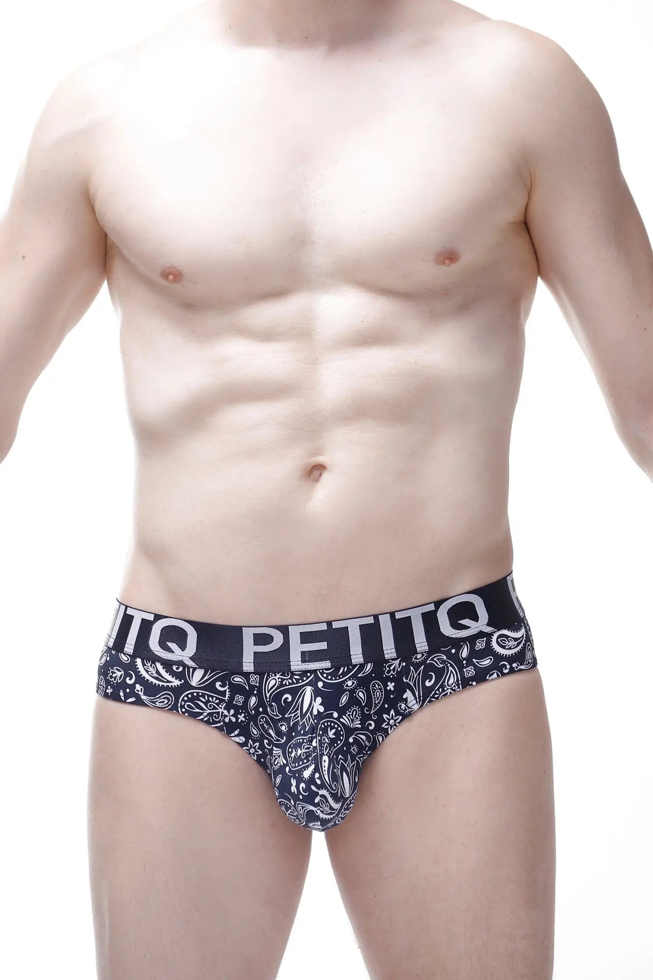 Black and white paisley patterned men’s briefs with contrasting elastic petitq waistband brief bulan bandana style