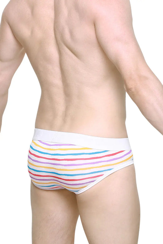 Men's brief in white with colorful candy stripes featuring a comfortable waistband shown from the back by PetitQ