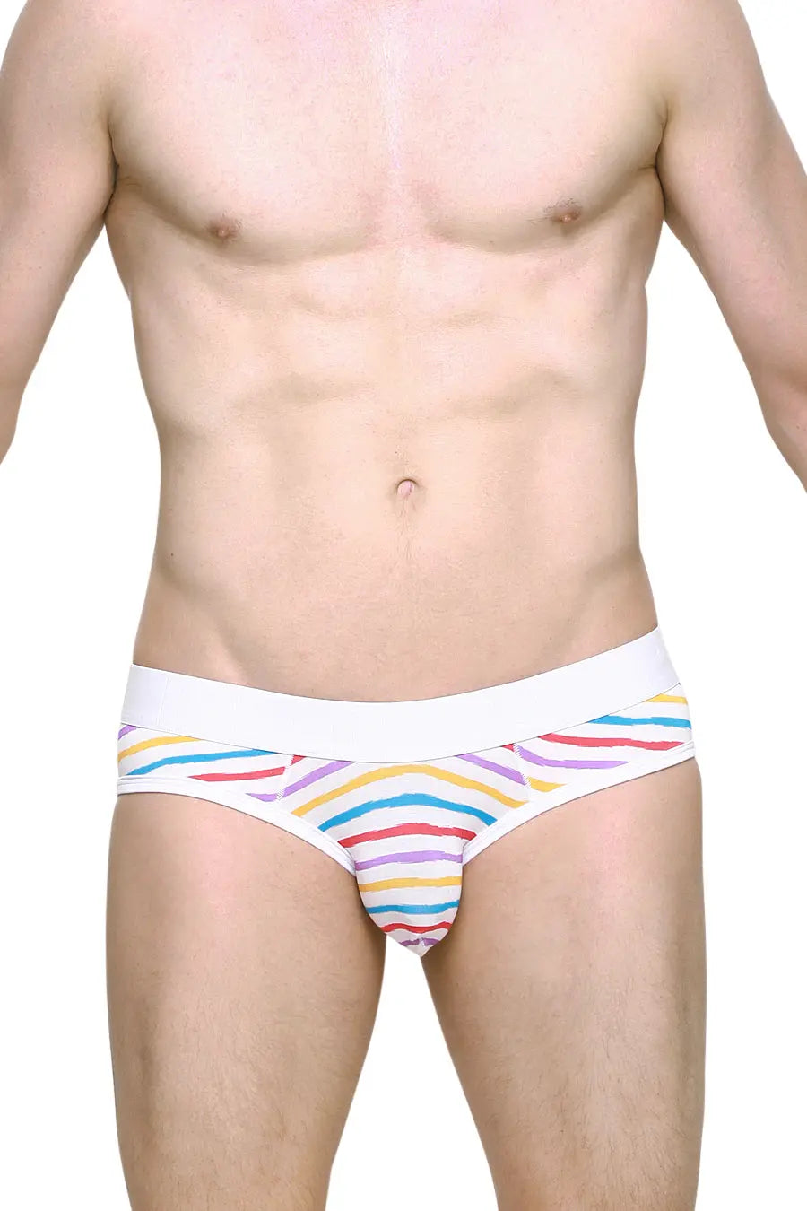 Men's brief in candy stripe pattern with white waistband made by PetitQ showcasing vibrant colors and a snug fit