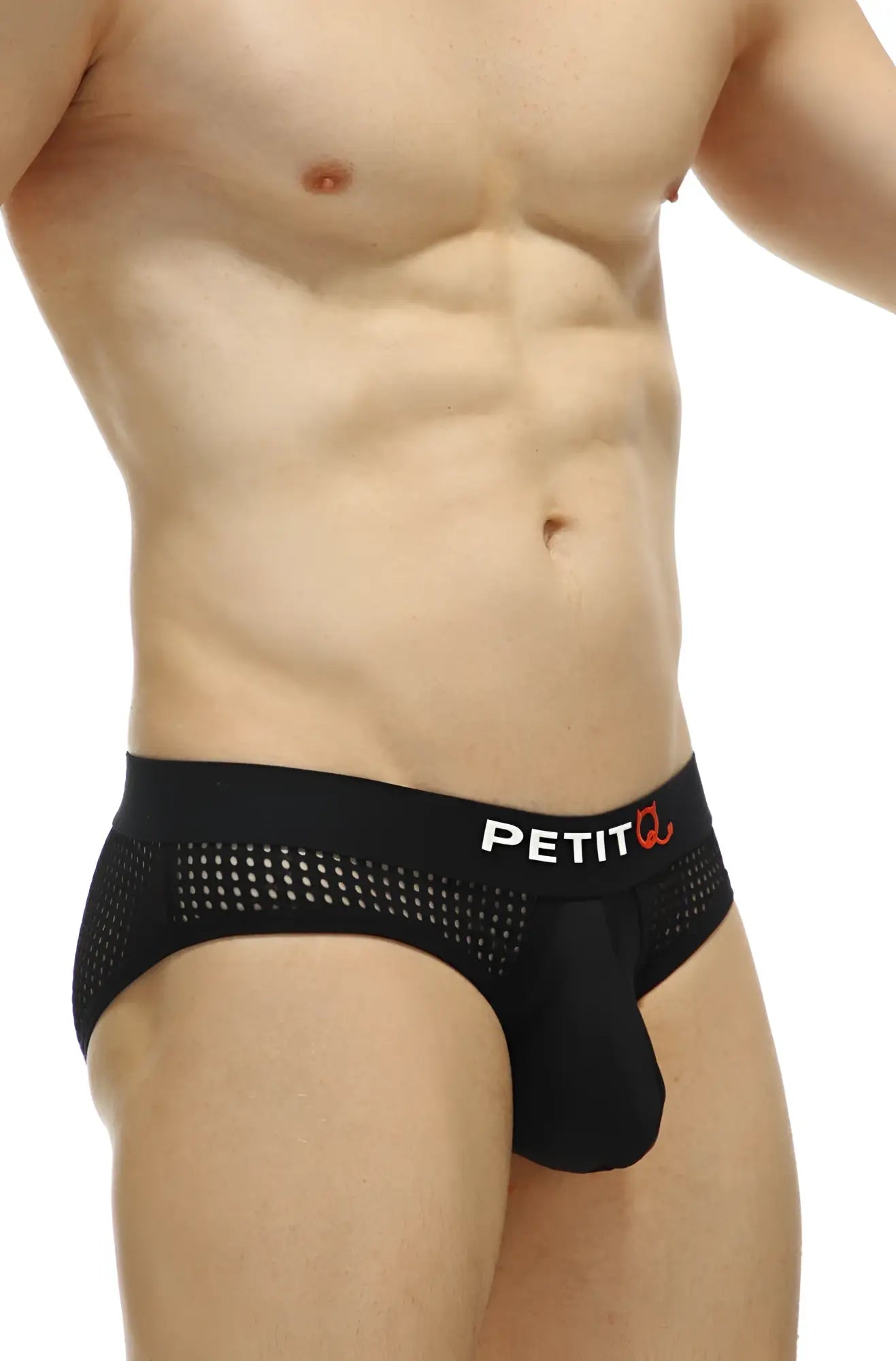 Black mesh briefs brief chaon durtol black with perforated waistband featuring petit logo and orange flame emblem