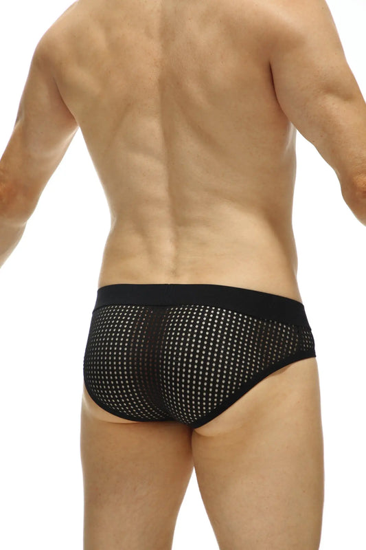 Brief chaon durtol black black mesh briefs with solid black waistband showing front view
