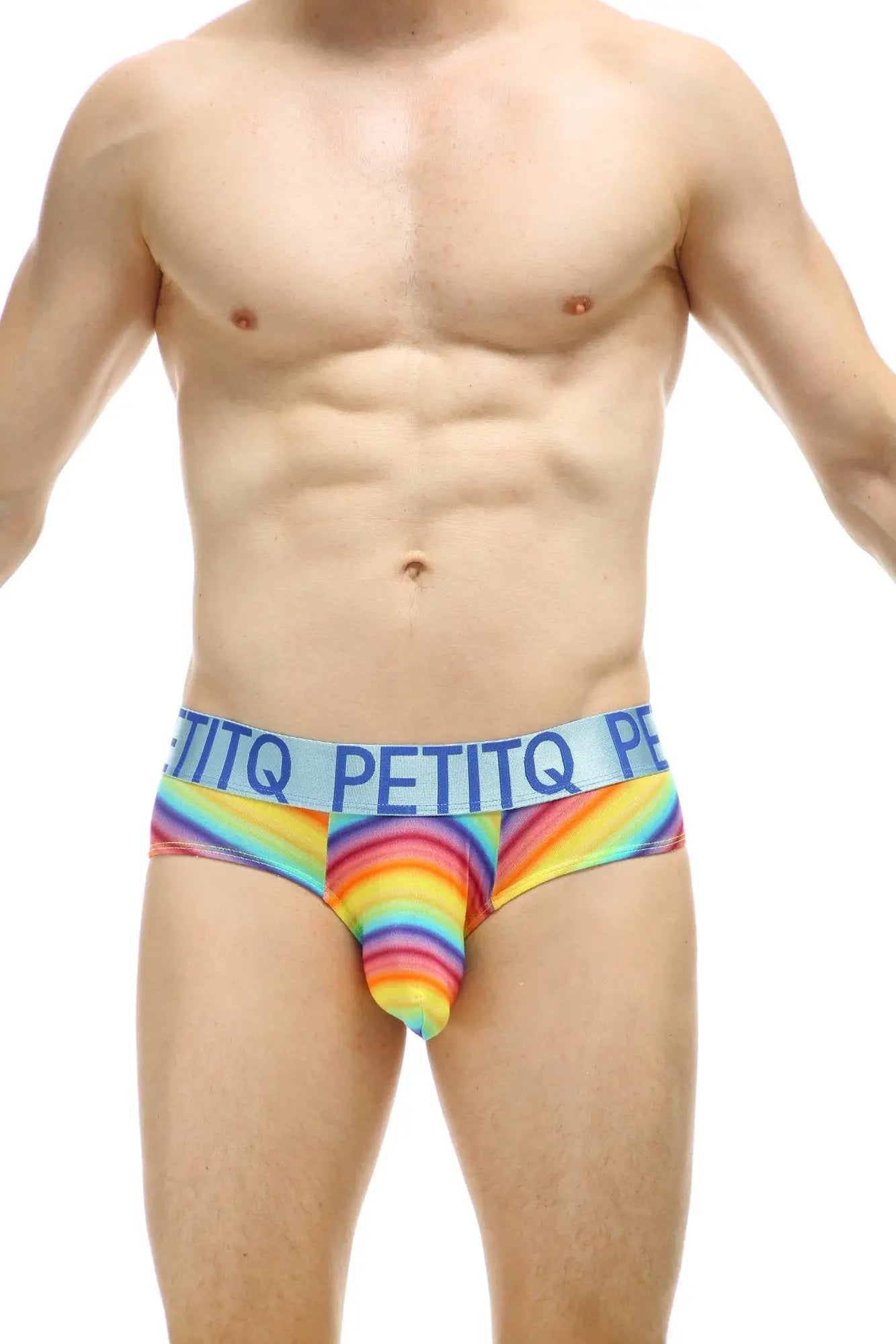 Brief chill max andiol rainbow-striped men’s briefs with light blue petitq waistband in bold black letters