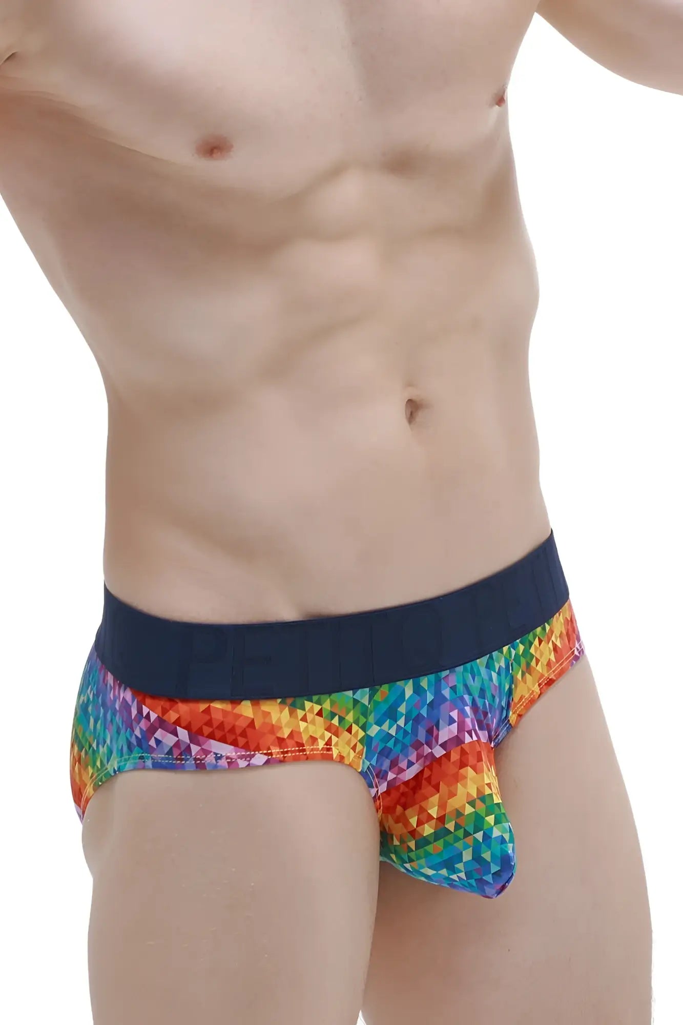 Brief chill max kaleidoscope rainbow pixel-patterned briefs with a solid navy waistband in front view