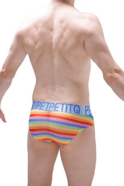 Rainbow-striped men’s briefs with a light blue waistband branded petpetitq perfect for comfortable everyday wear