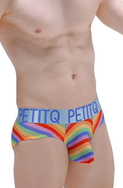 Rainbow-striped men’s briefs with a light blue petitq waistband in Brief Chill Net Rainbow design