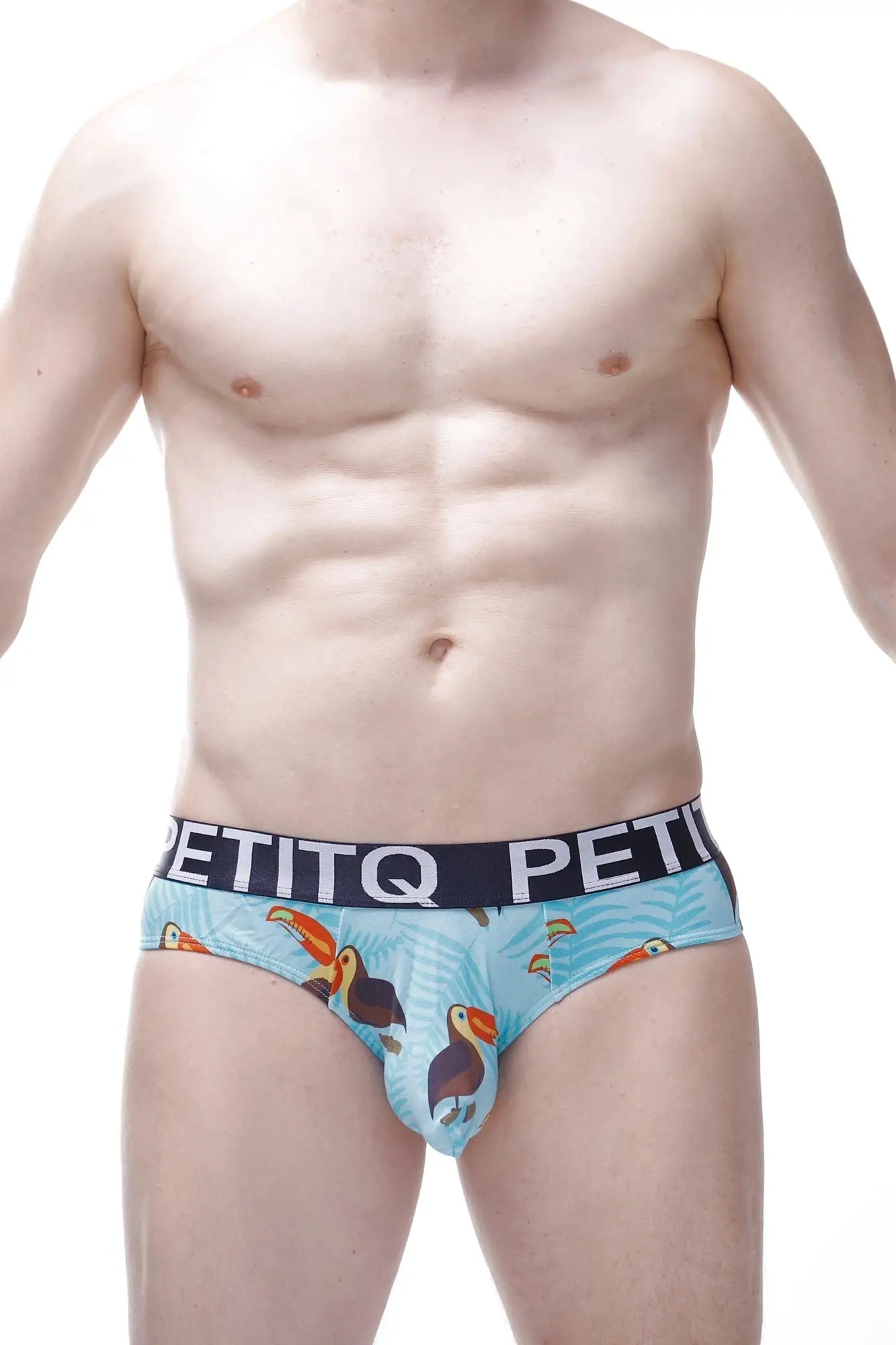 Light blue men’s briefs with playful toucan pattern and black petitq branded elastic waistband brief chill toucan