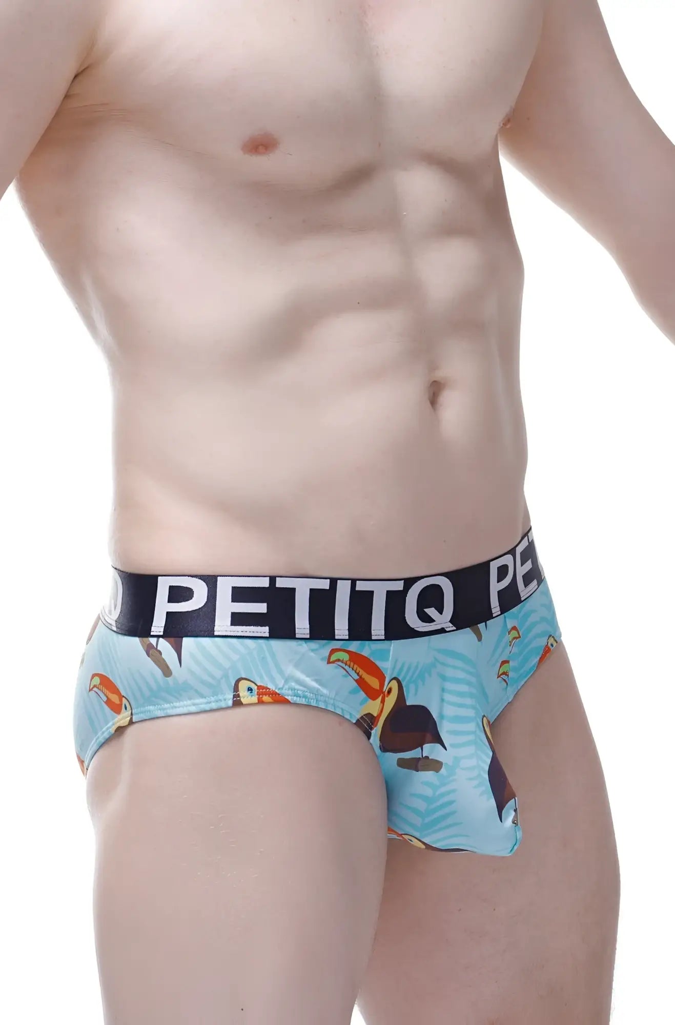 Light blue men’s briefs with vibrant toucan and palm leaf pattern and black petitq branded waistband brief chill toucan