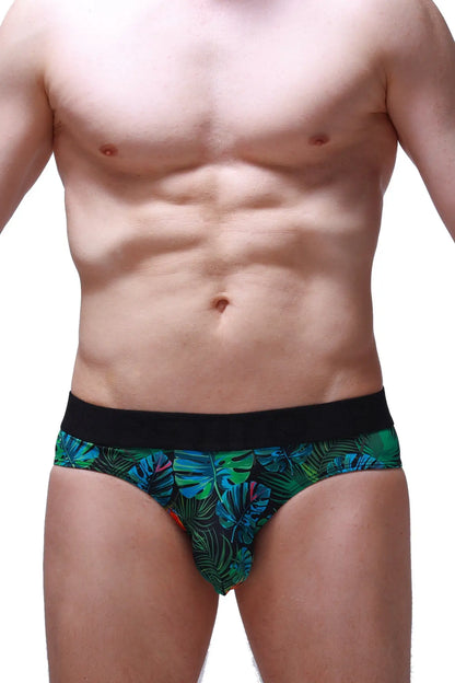 Brief chillax tropical men’s briefs with green and blue tropical leaf pattern and black elastic waistband