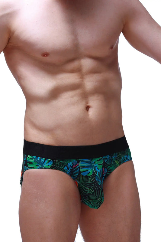 Men’s Brief Chillax Tropical briefs with green tropical leaf pattern and black elastic waistband for comfort and style