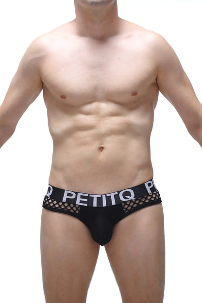 Black mesh briefs with a white petitq logo band from brief clans black collection