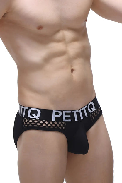 Black mesh briefs with white petitq logo band from brief clans black collection highlighting breathable material