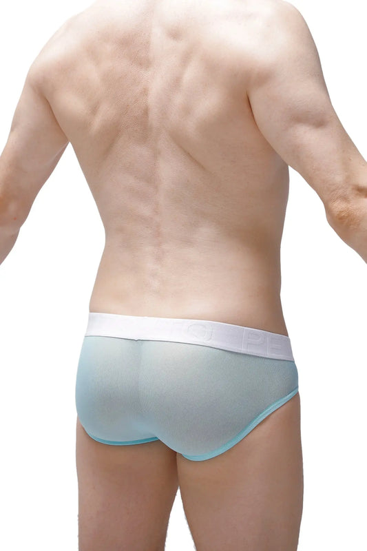 Light blue mesh briefs with white elastic waistband from brief dolmen net green product line