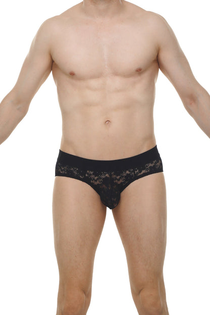 Black lace-trimmed men’s briefs in lace material designed for comfortable everyday wear brief dome lace black