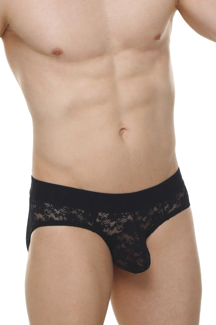Brief dome lace black mens briefs with sheer patterned fabric and black lace trim for stylish underwear wear