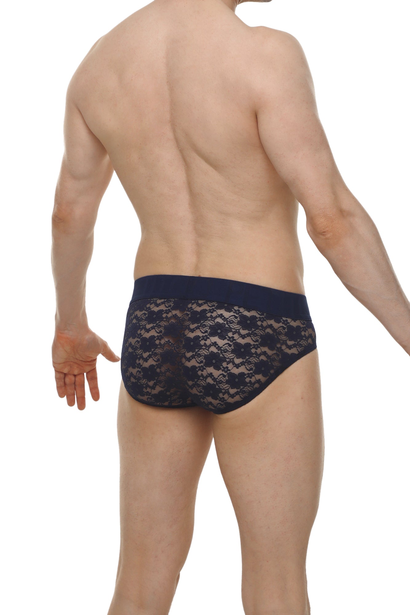 Dark blue lace briefs with a solid waistband featuring delicate lace material in navy for comfortable everyday wear